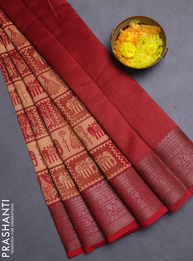 Chanderi silk cotton saree peach orange and red with allover butta prints and banarasi style border
