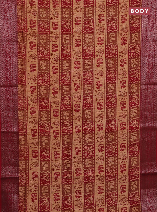 Chanderi silk cotton saree peach orange and red with allover butta prints and banarasi style border