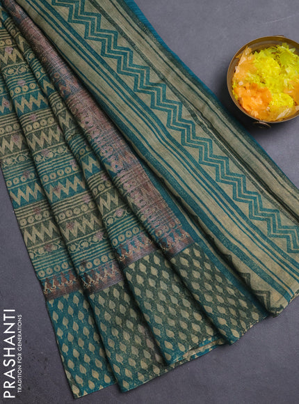 Chanderi silk cotton saree teal green with allover prints & woven buttas and banarasi style border