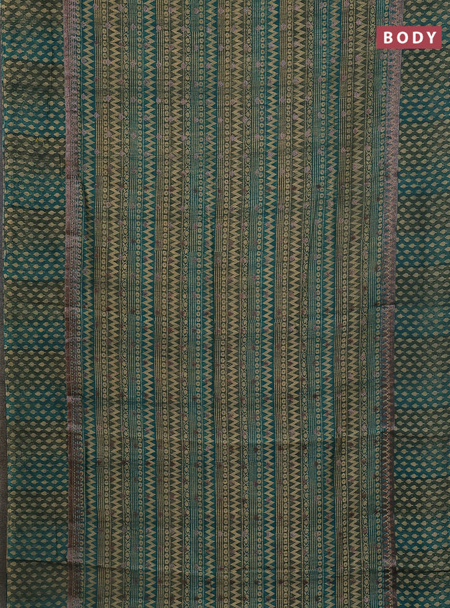 Chanderi silk cotton saree teal green with allover prints & woven buttas and banarasi style border
