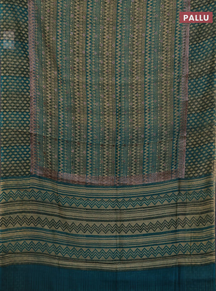 Chanderi silk cotton saree teal green with allover prints & woven buttas and banarasi style border