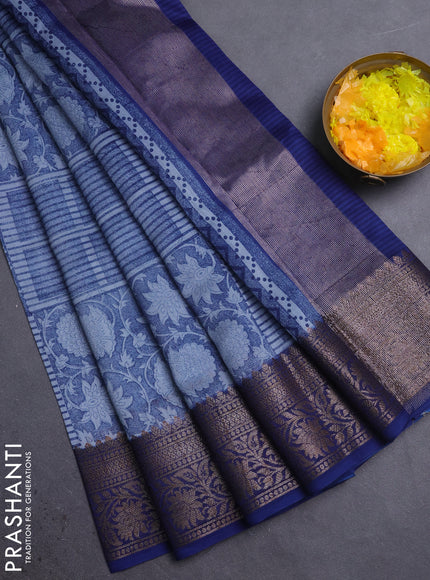 Chanderi silk cotton saree blue with allover floral prints and banarasi border