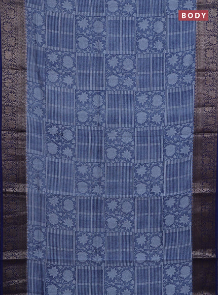 Chanderi silk cotton saree blue with allover floral prints and banarasi border