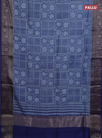 Chanderi silk cotton saree blue with allover floral prints and banarasi border