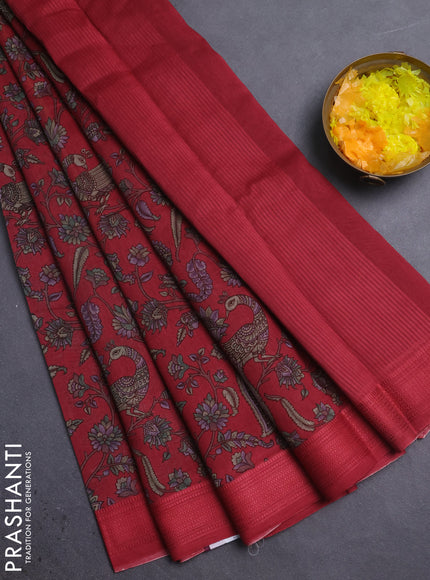 Chanderi silk cotton saree maroon with allover kalamkari prints and woven border