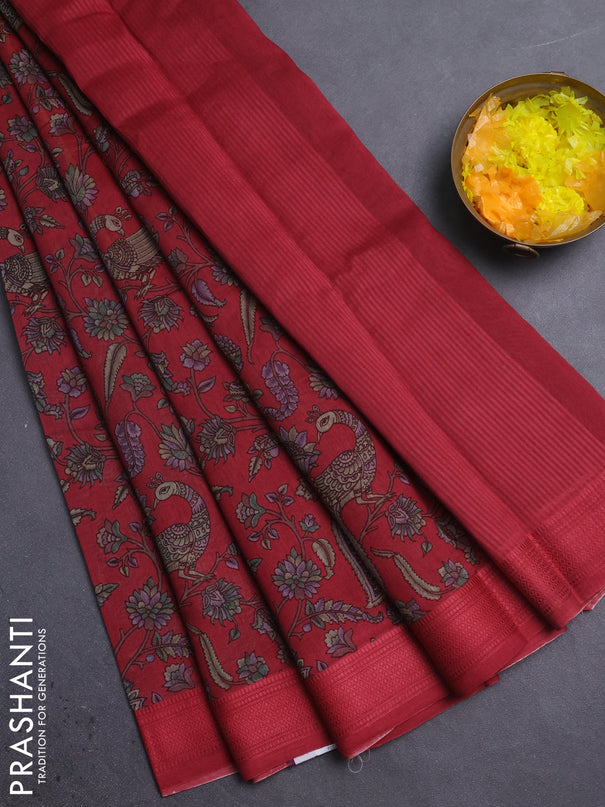 Chanderi silk cotton saree maroon with allover kalamkari prints and woven border