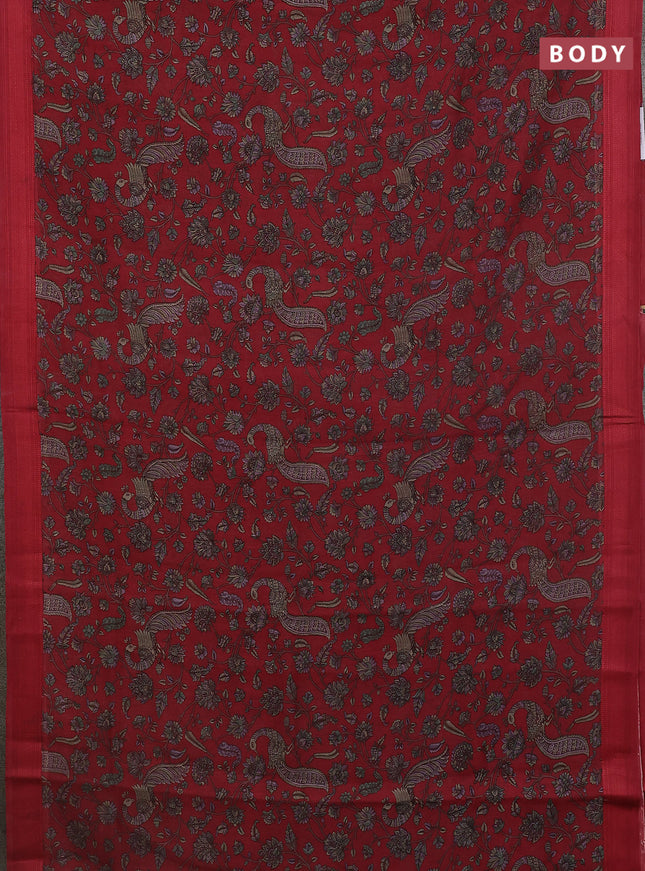 Chanderi silk cotton saree maroon with allover kalamkari prints and woven border