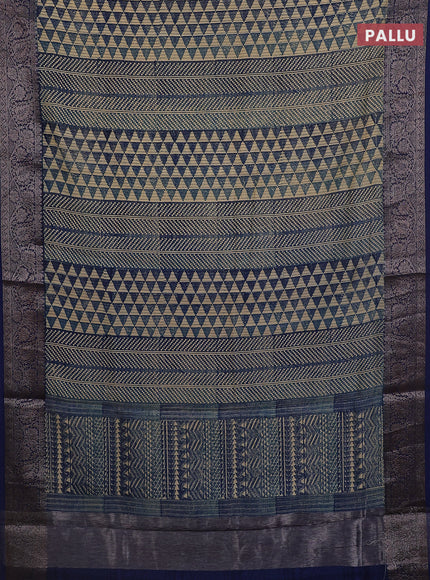Chanderi silk cotton saree blue with allover prints and banarasi style border