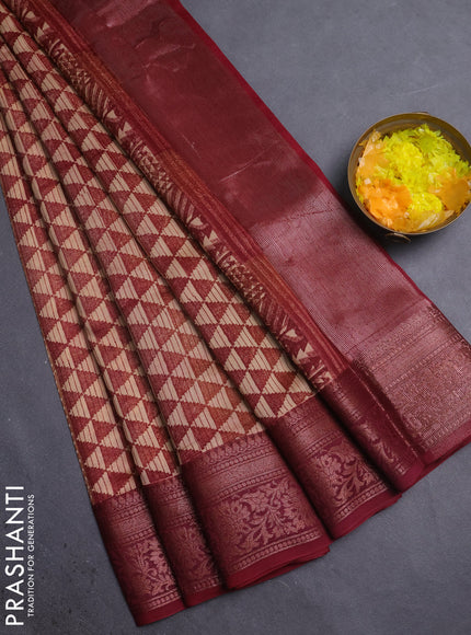 Chanderi silk cotton saree maroon with allover prints and banarasi style border