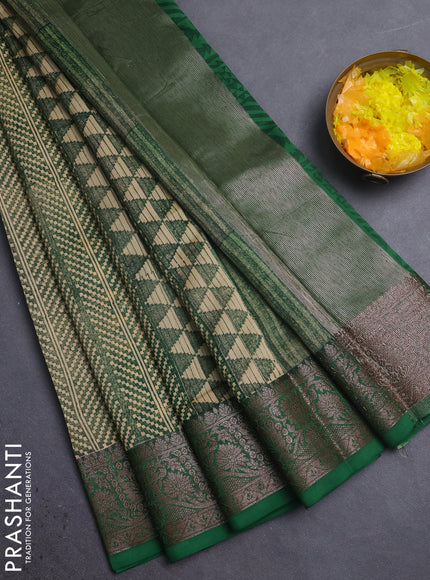 Chanderi silk cotton saree beige and green with allover prints and banarasi style border