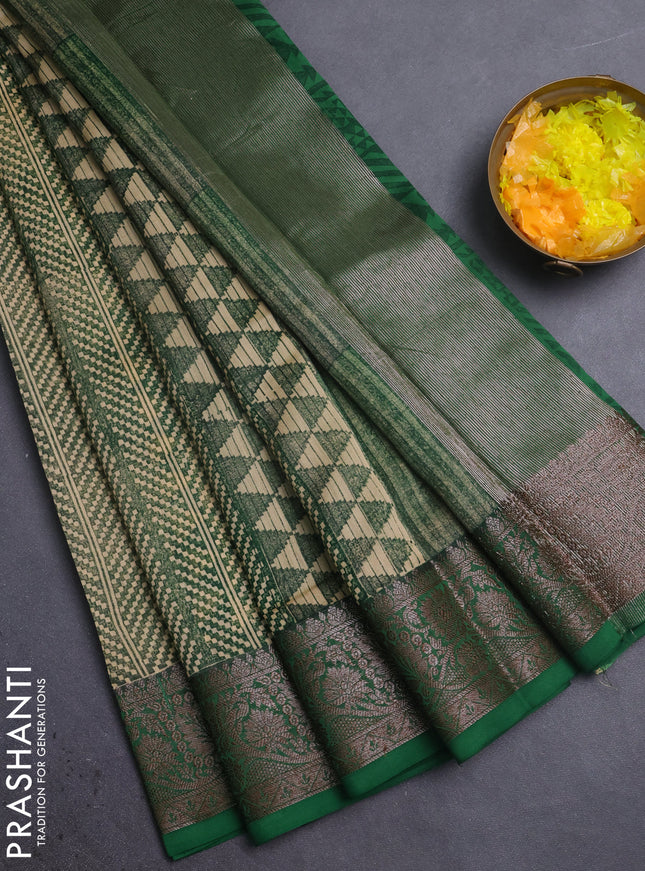 Chanderi silk cotton saree beige and green with allover prints and banarasi style border