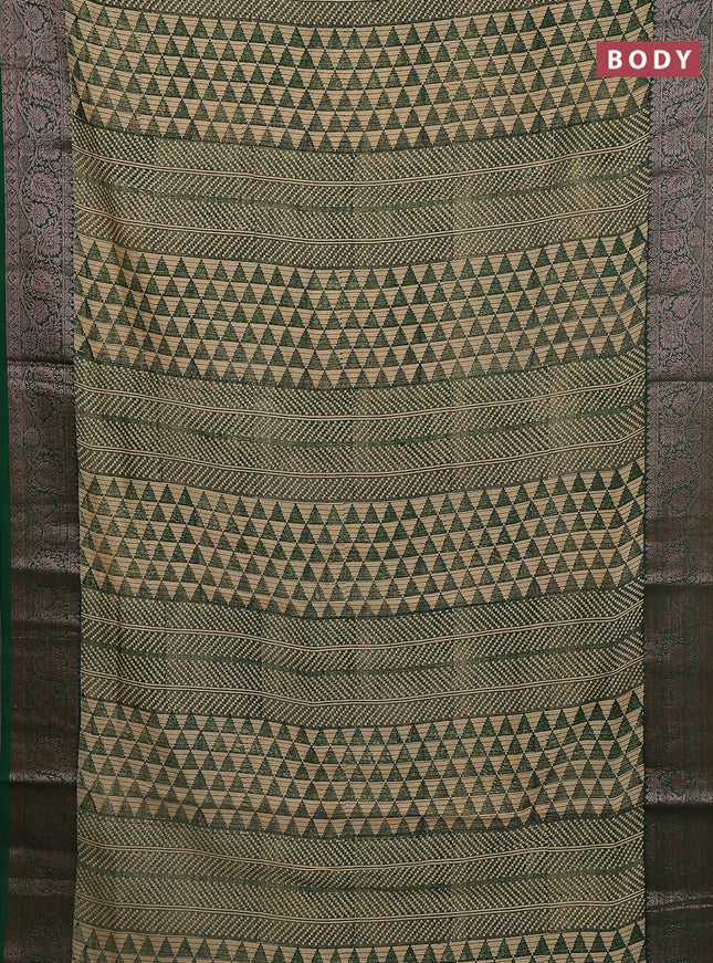 Chanderi silk cotton saree beige and green with allover prints and banarasi style border
