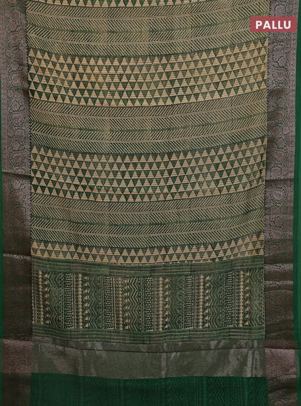 Chanderi silk cotton saree beige and green with allover prints and banarasi style border