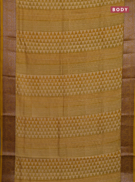 Chanderi silk cotton saree mustard yellow with allover prints and banarasi style border