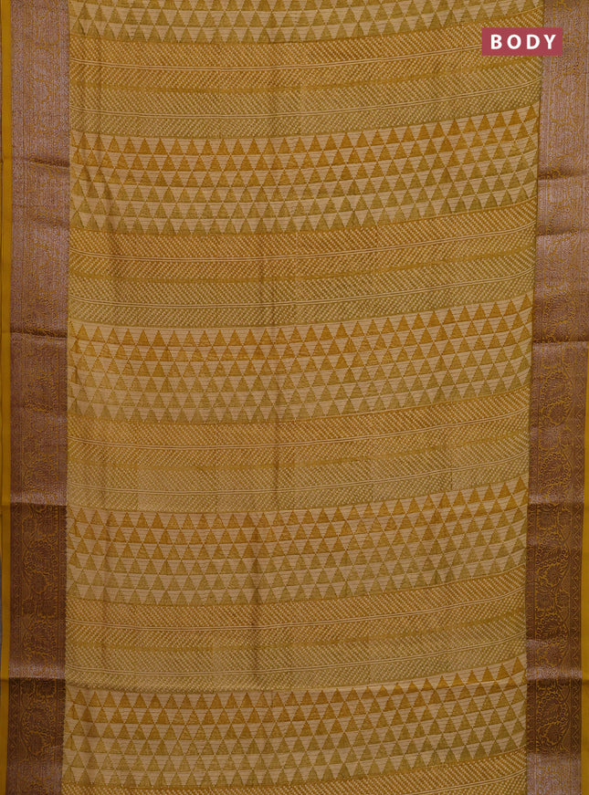 Chanderi silk cotton saree mustard yellow with allover prints and banarasi style border