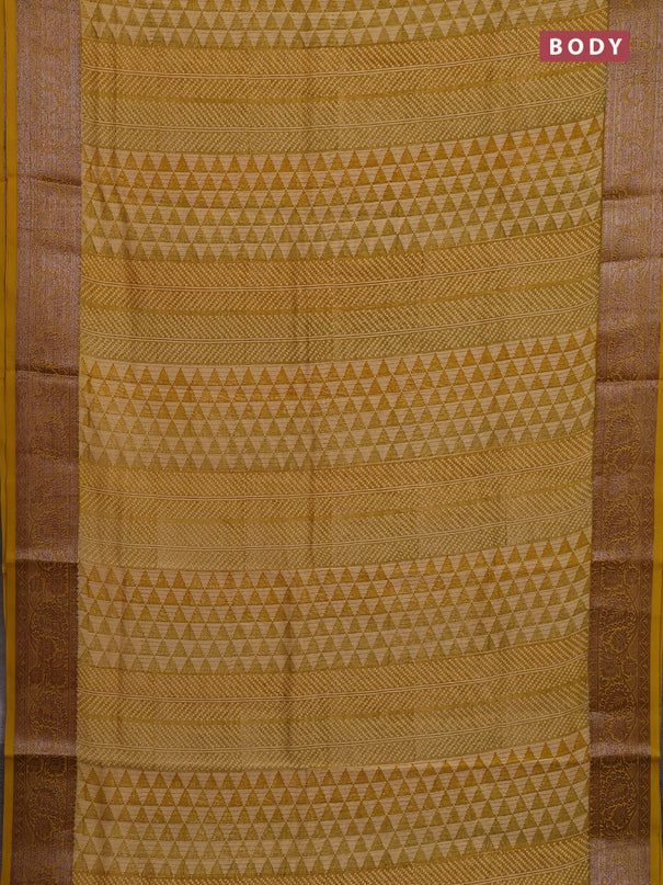 Chanderi silk cotton saree mustard yellow with allover prints and banarasi style border