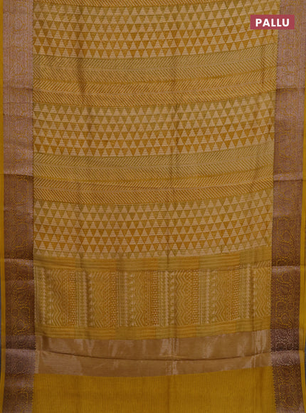Chanderi silk cotton saree mustard yellow with allover prints and banarasi style border