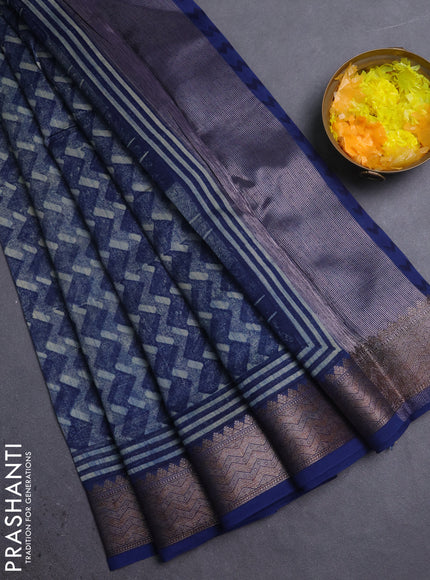 Chanderi silk cotton saree navy blue with allover zig zag prints and banarasi style border