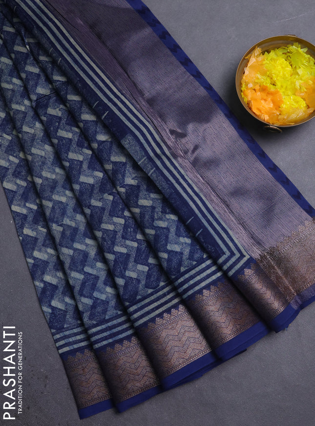 Chanderi silk cotton saree navy blue with allover zig zag prints and banarasi style border