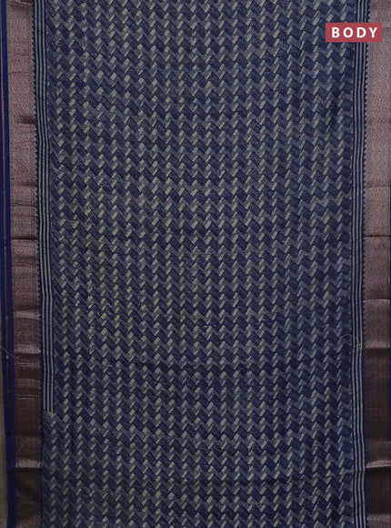 Chanderi silk cotton saree navy blue with allover zig zag prints and banarasi style border
