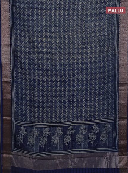 Chanderi silk cotton saree navy blue with allover zig zag prints and banarasi style border