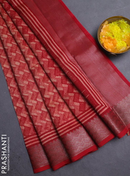 Chanderi silk cotton saree maroon with allover zig zag prints and banarasi style border