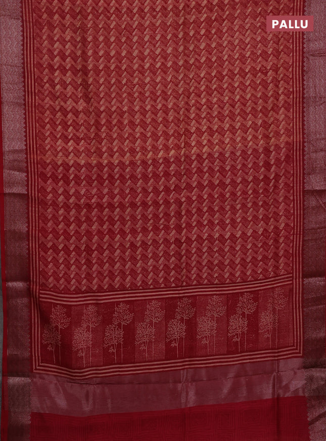 Chanderi silk cotton saree maroon with allover zig zag prints and banarasi style border
