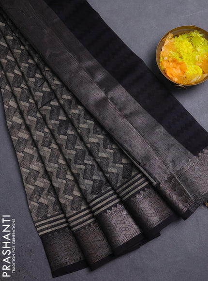 Chanderi silk cotton saree black with allover zig zag prints and banarasi style border