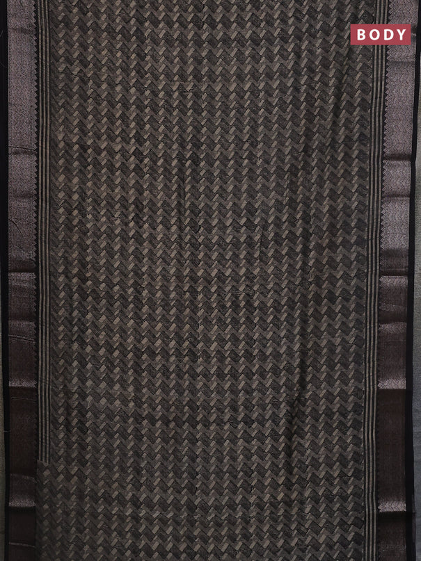 Chanderi silk cotton saree black with allover zig zag prints and banarasi style border