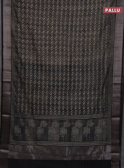 Chanderi silk cotton saree black with allover zig zag prints and banarasi style border