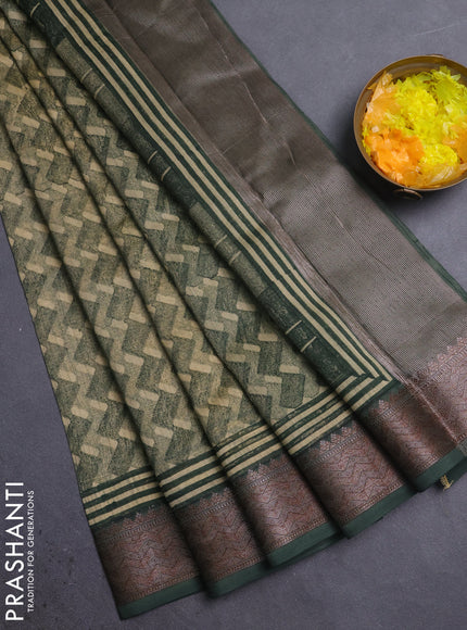 Chanderi silk cotton saree olive green with allover zig zag prints and banarasi style border