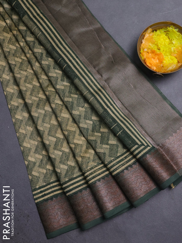 Chanderi silk cotton saree olive green with allover zig zag prints and banarasi style border