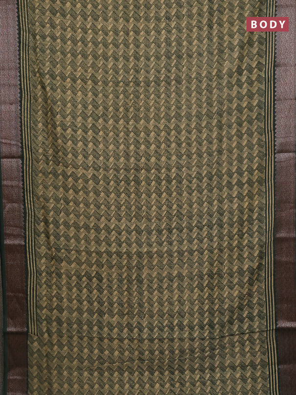Chanderi silk cotton saree olive green with allover zig zag prints and banarasi style border