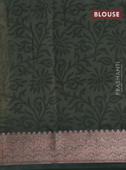 Chanderi silk cotton saree olive green with allover zig zag prints and banarasi style border