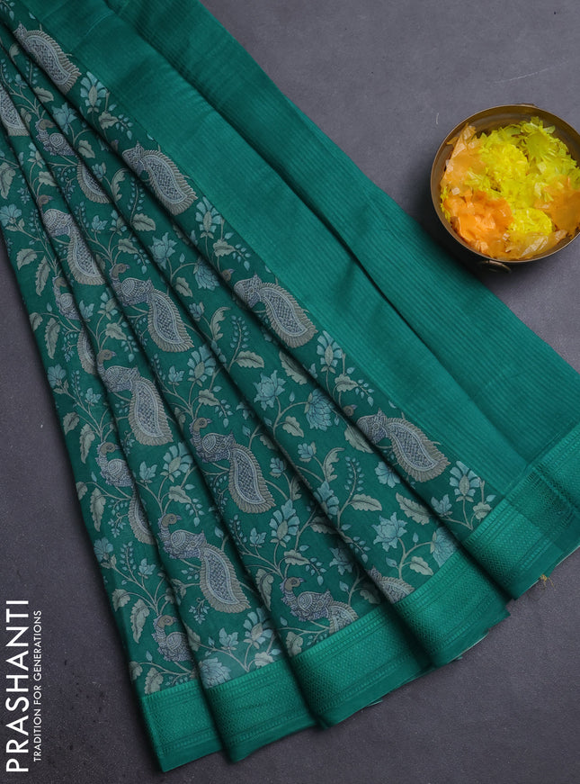 Chanderi silk cotton saree green with allover kalamkari prints and woven border