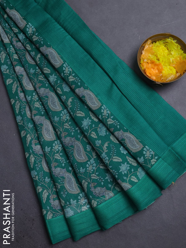 Chanderi silk cotton saree green with allover kalamkari prints and woven border