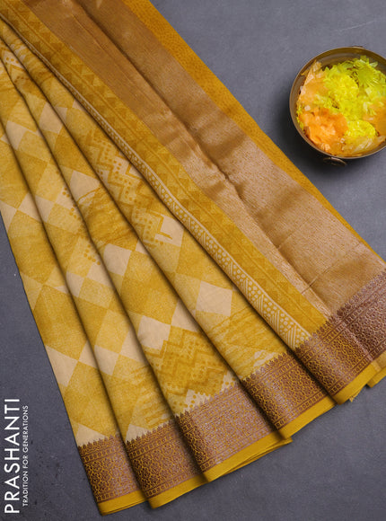 Chanderi silk cotton saree mustard yellow with allover geometric prints and banarasi style border