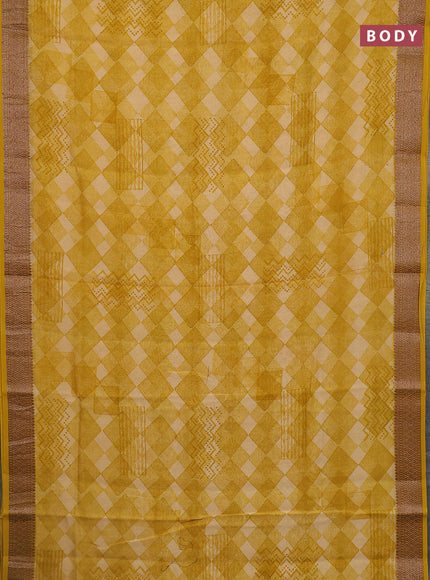 Chanderi silk cotton saree mustard yellow with allover geometric prints and banarasi style border