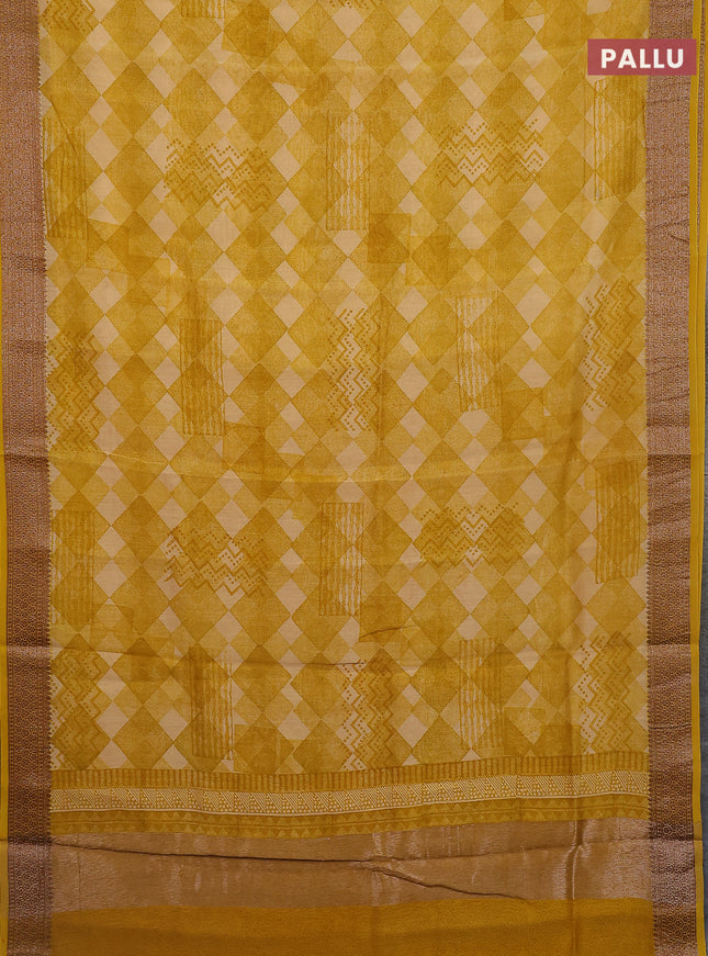 Chanderi silk cotton saree mustard yellow with allover geometric prints and banarasi style border