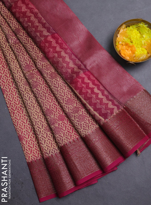 Chanderi silk cotton saree pink with allover prints and banarasi style border