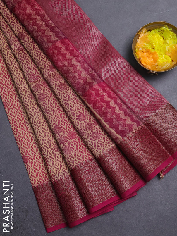Chanderi silk cotton saree pink with allover prints and banarasi style border