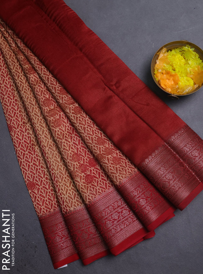 Chanderi silk cotton saree maroon with allover prints and banarasi style border