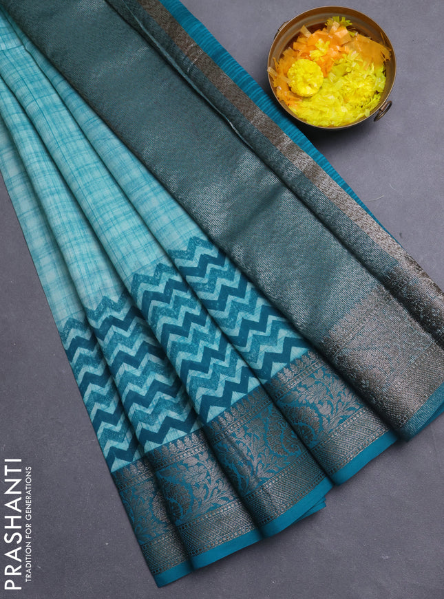 Chanderi silk cotton saree teal green with allover zig zag prints and banarasi style border