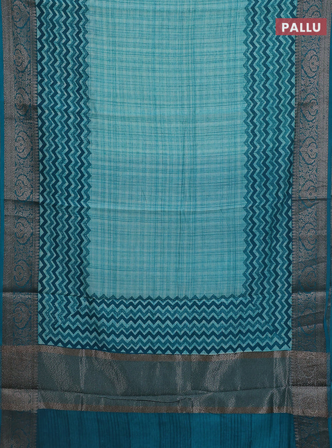 Chanderi silk cotton saree teal green with allover zig zag prints and banarasi style border