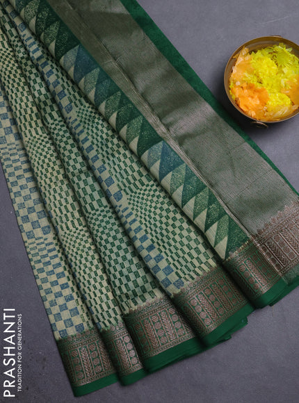 Chanderi silk cotton saree green with allover geometric prints and banarasi style border