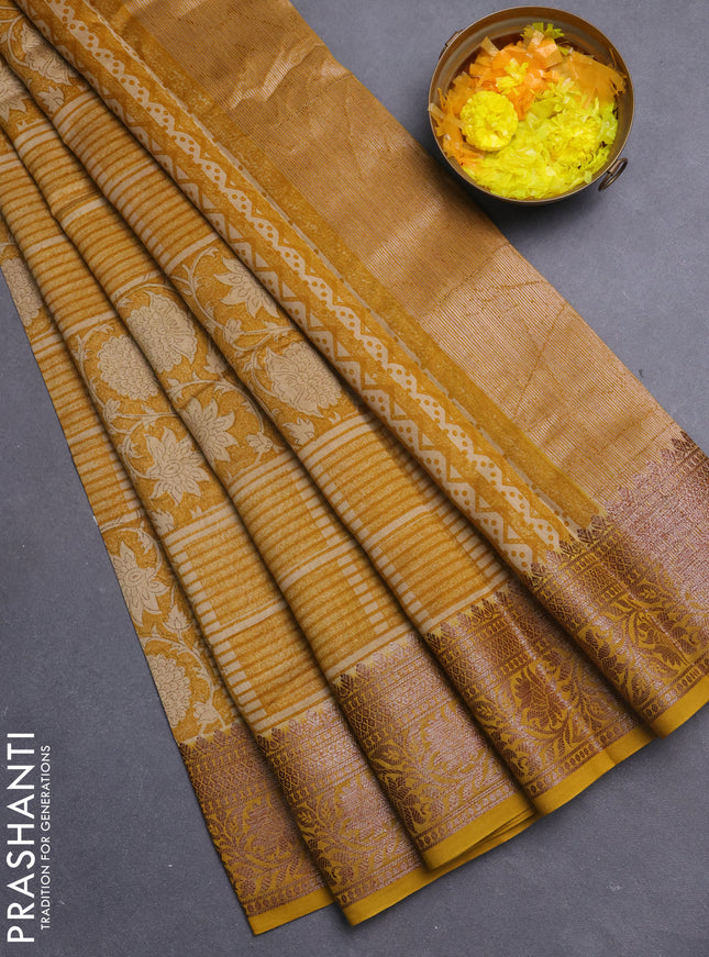 Chanderi silk cotton saree mustard yellow with allover prints and banarasi style border