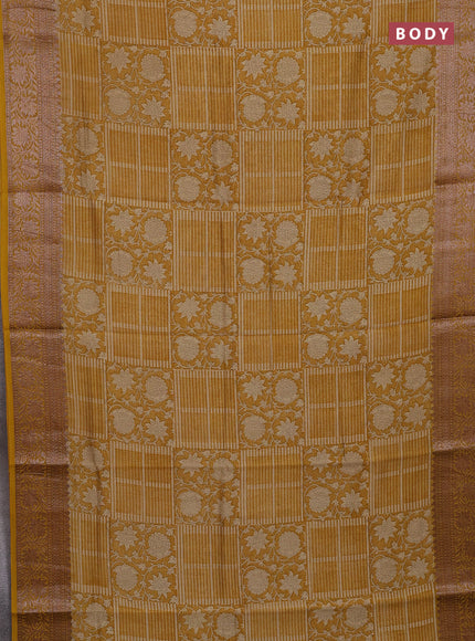 Chanderi silk cotton saree mustard yellow with allover prints and banarasi style border