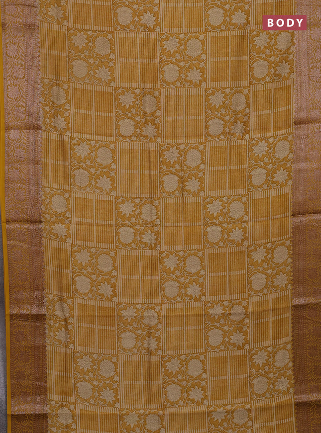 Chanderi silk cotton saree mustard yellow with allover prints and banarasi style border