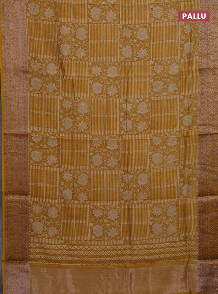 Chanderi silk cotton saree mustard yellow with allover prints and banarasi style border
