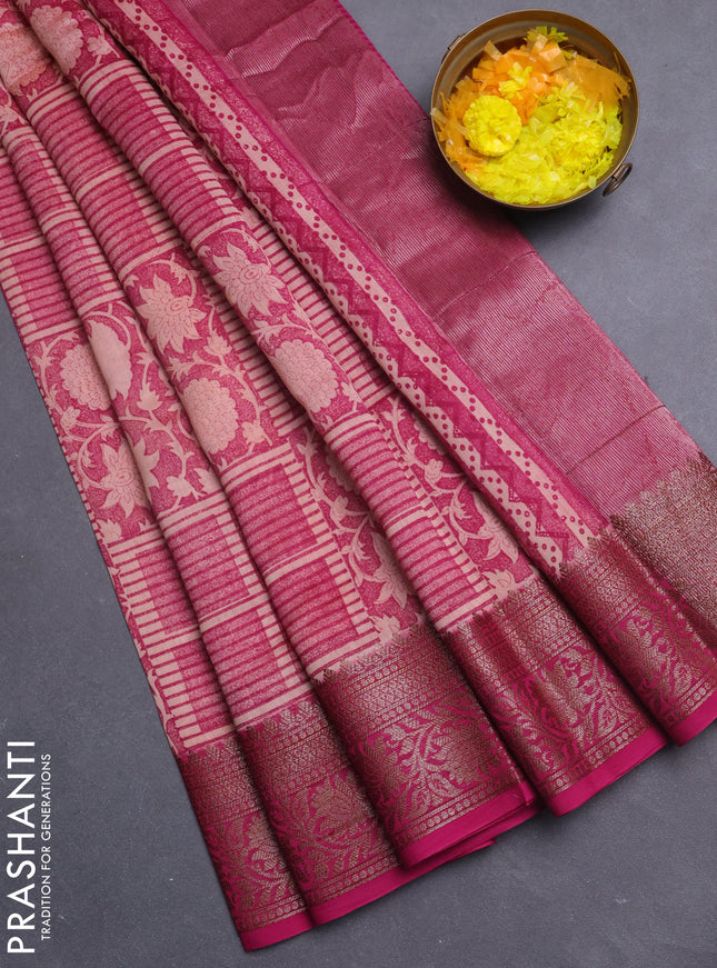 Chanderi silk cotton saree peach shade and pink with allover prints and banarasi style border